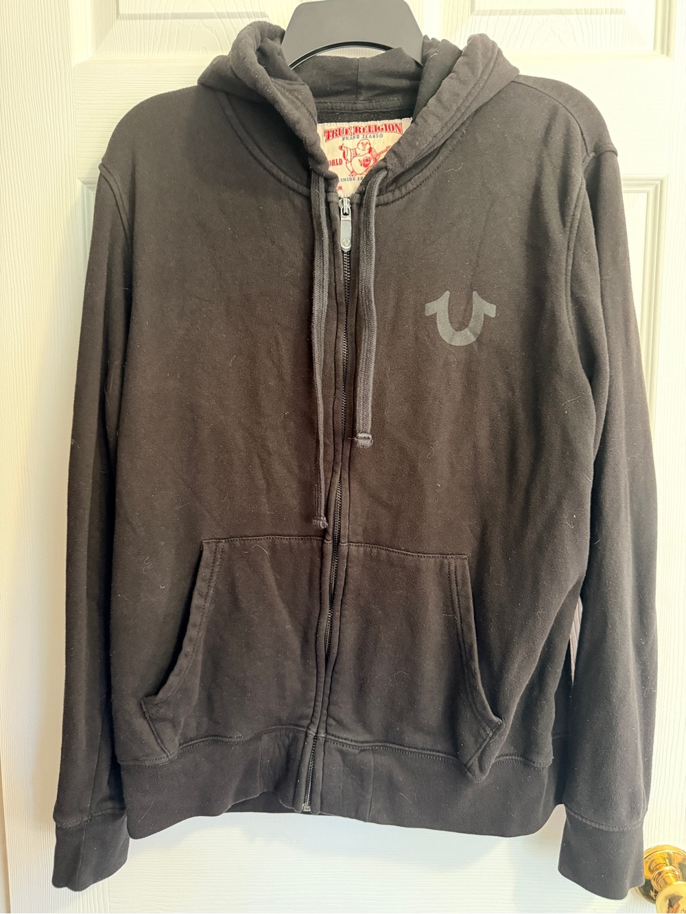 Black True Religion full zip up hoodie, size Large